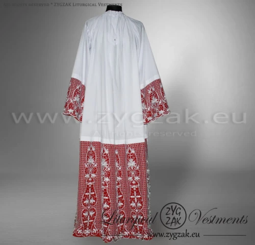 ALB-2/RED - LACE ALB WITH RED BACKGROUND FABRIC