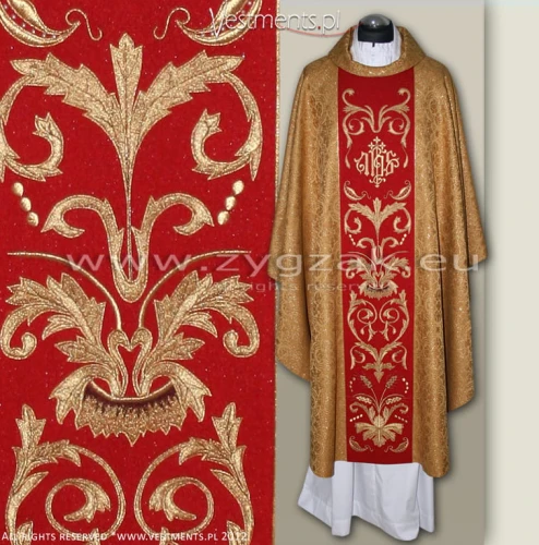 OG8-HM-2 IHS DARK GOLD/RED BROCADE GOTHIC CHASUBLE
