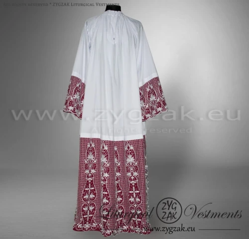 ALB-2/PURPLE - LACE ALB WITH PURPLE BACKGROUND FABRIC